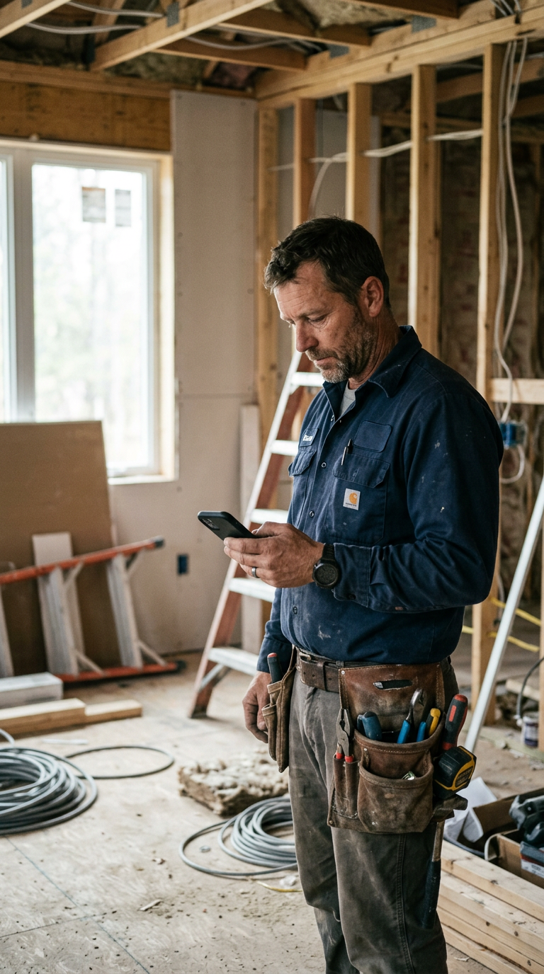 A contractor checking a follow-up message on his phone at a job site