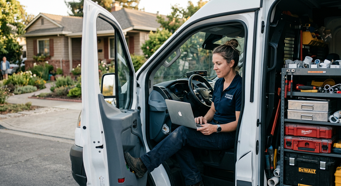 A contractor reviewing a follow-up email on a laptop in his truck